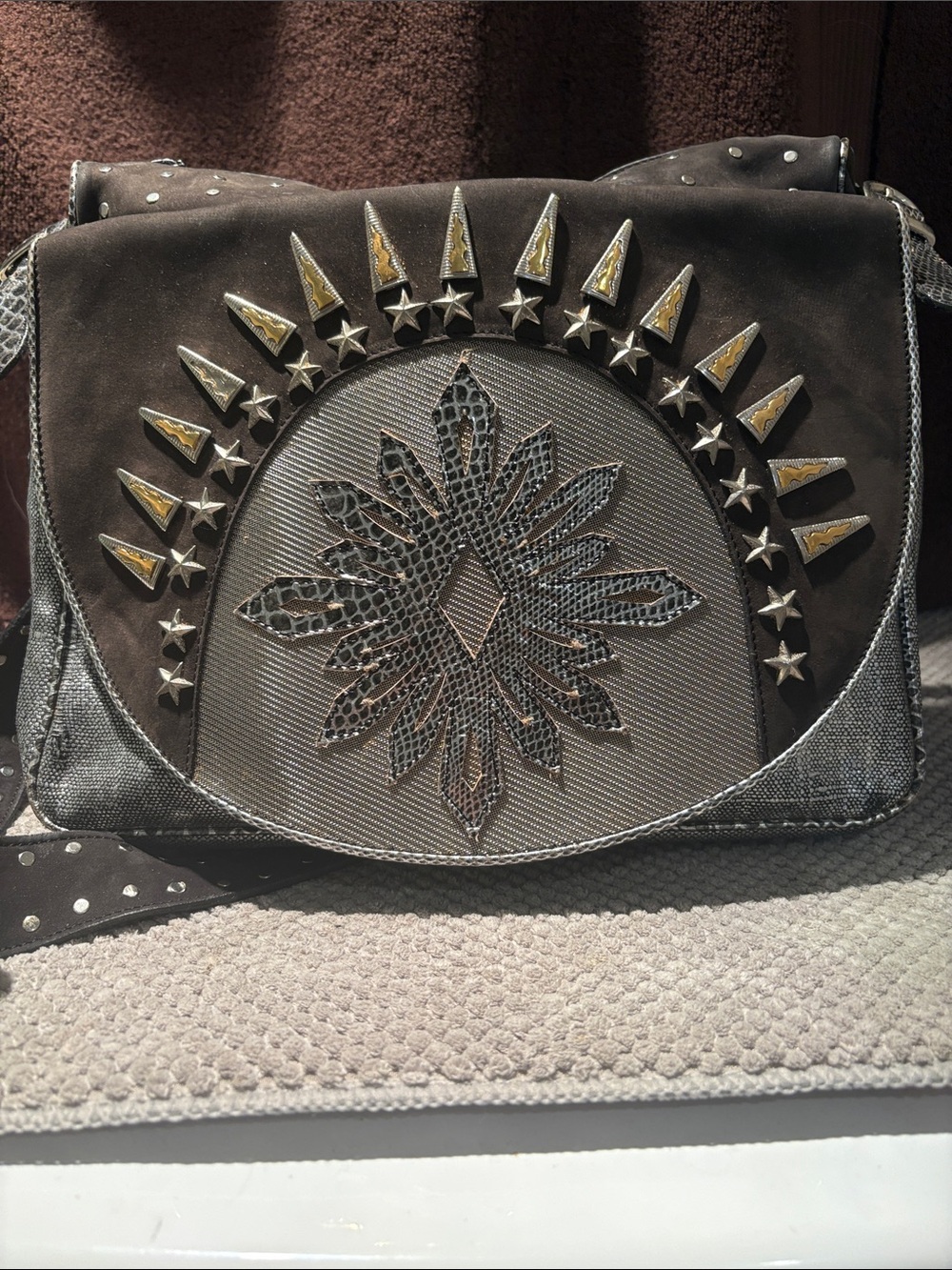 Embellished Dark Brown Crossbody Bag with Starburst Motif